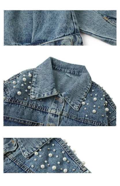 Spring Pearl Embellishment Teenage Girls Denim Coat Children Fashion Windbreaker Kids Birthday Present Outerwear for 3-12 Years