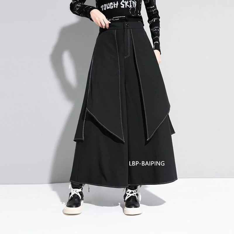 Korean Woman Pants New 2025 Black Loose False Two-piece Wide Legs Pants Ladies Casual Streetwear Hurajuku Trousers  Ladies