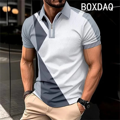 Men's Summer Short Sleeve Lapel Zipper Collar Polo Shirt Fashion Minimalist Casual Polo Shirt 3D Color Splicing Polo Shirt Tops