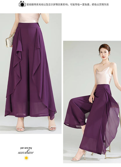 ZUZK Summer Ruffles Chiffion Pants Elastic Waist White Pants Women Fashion Lady Dance Pants baggy pants Wide Leg Pants