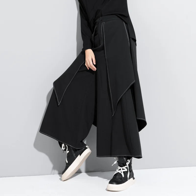 Korean Woman Pants New 2025 Black Loose False Two-piece Wide Legs Pants Ladies Casual Streetwear Hurajuku Trousers  Ladies