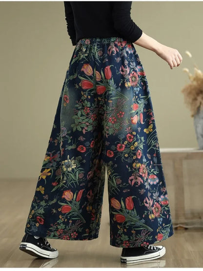 Flower Floral Print Autumn Wide Leg Pant Women Loose Pleated Fashion Ladies Oversized Trousers Elastic Waist Woman Pants