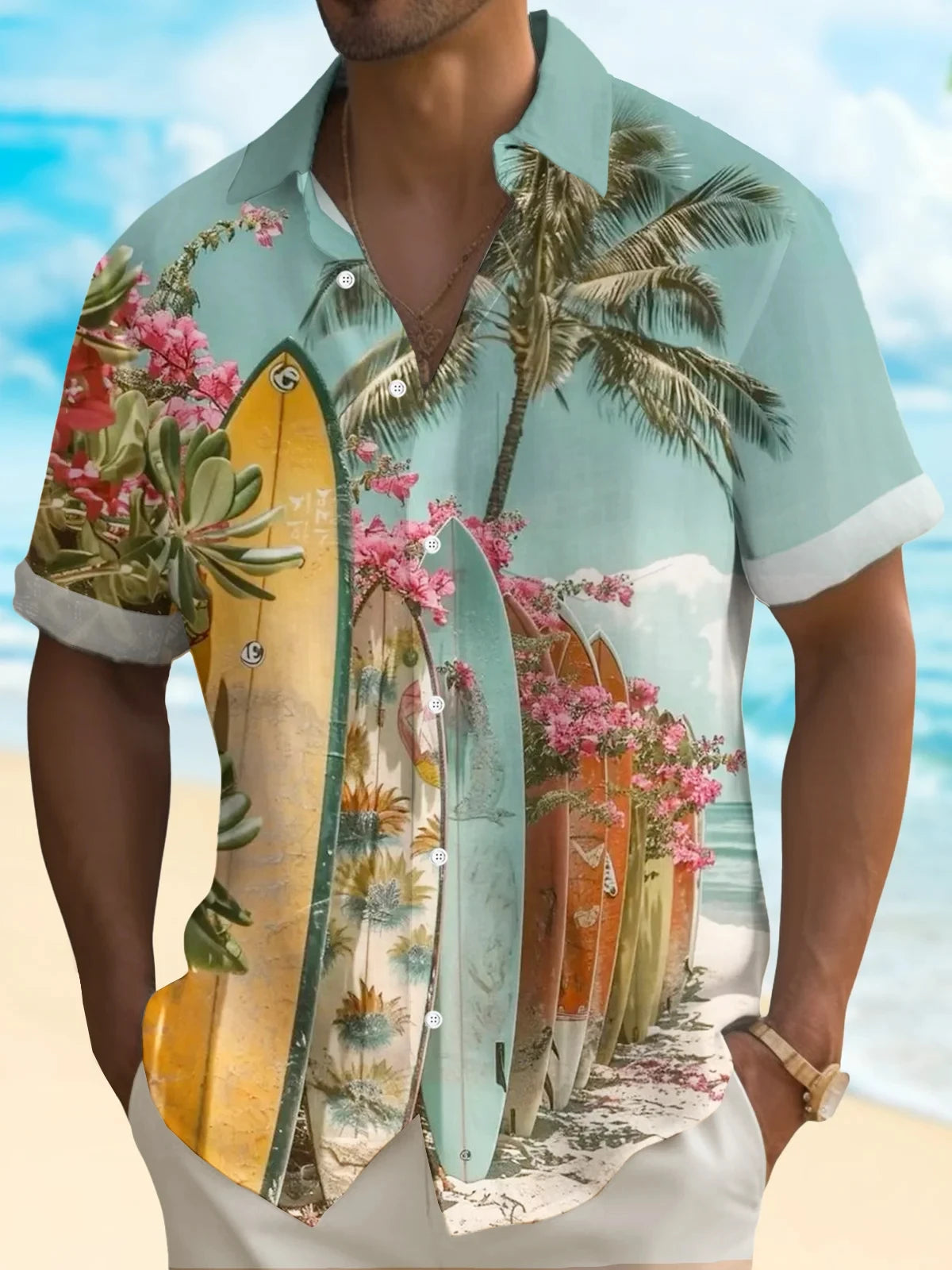 Men's Shirt Short Sleeve Hawaiian Blue Palm Tree Print Button Shirt Summer Beach Shirt Camping Shirt Men's Short Sleeve Shirt