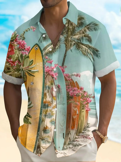 Men's Shirt Short Sleeve Hawaiian Blue Palm Tree Print Button Shirt Summer Beach Shirt Camping Shirt Men's Short Sleeve Shirt