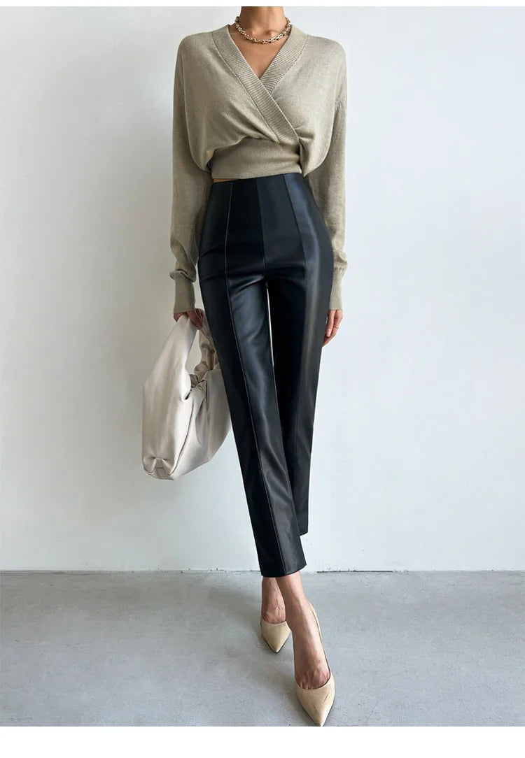 PU Autumn Winter Leather Pencil Pant Women Bodycon Fashion Office High Waist Ladies Trousers Casual Woman Pants
