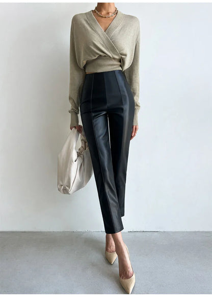 PU Autumn Winter Leather Pencil Pant Women Bodycon Fashion Office High Waist Ladies Trousers Casual Woman Pants