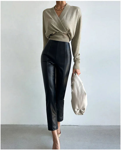 PU Autumn Winter Leather Pencil Pant Women Bodycon Fashion Office High Waist Ladies Trousers Casual Woman Pants