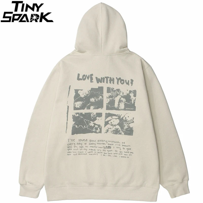Hip Hop Hoodie Streetwear Sweatshirt 2025 Men Bear Letter Print Harajuku Hoodie Autumn Cotton Fleece Hooded Pullover Sweat Shirt