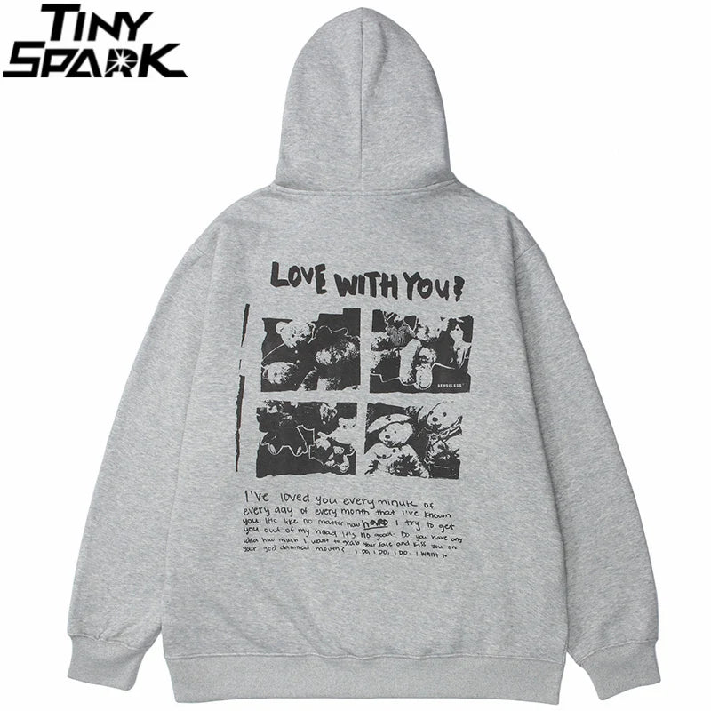 Hip Hop Hoodie Streetwear Sweatshirt 2025 Men Bear Letter Print Harajuku Hoodie Autumn Cotton Fleece Hooded Pullover Sweat Shirt