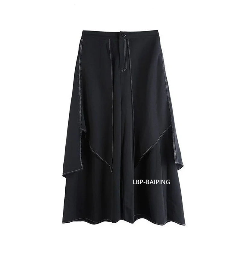 Korean Woman Pants New 2025 Black Loose False Two-piece Wide Legs Pants Ladies Casual Streetwear Hurajuku Trousers  Ladies