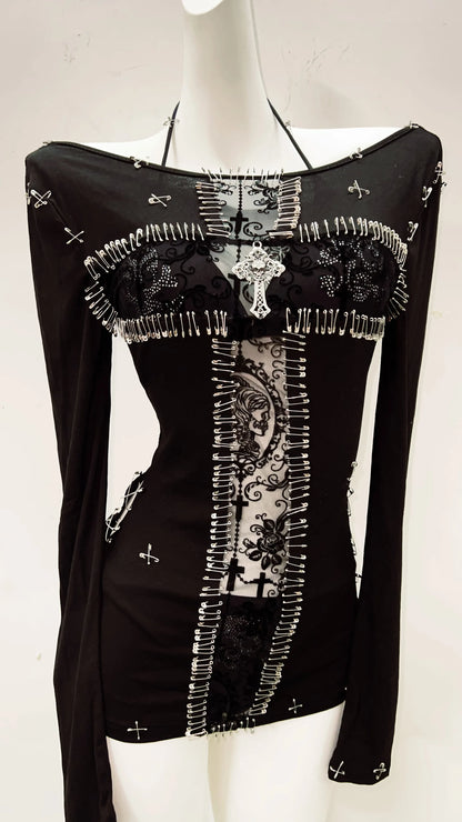 y2k fashion y2k clothes y2k crop top gothic clothes vintage shirt y2k shirt Gothic shirt Punk shirt Harajuku shirt Cross shirt