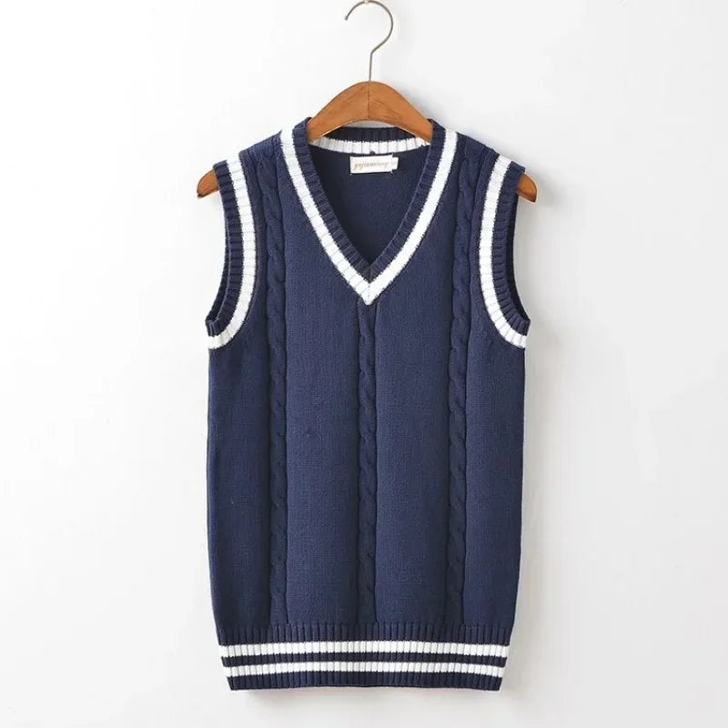 Striped White Knitted Sweaters for Men Blue Sleeveless Man Clothes V Neck Vest Red Waistcoat Jumpers Sweat-shirt Cigaret Cotton