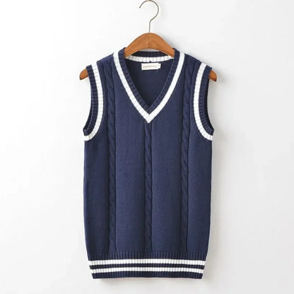 Striped White Knitted Sweaters for Men Blue Sleeveless Man Clothes V Neck Vest Red Waistcoat Jumpers Sweat-shirt Cigaret Cotton