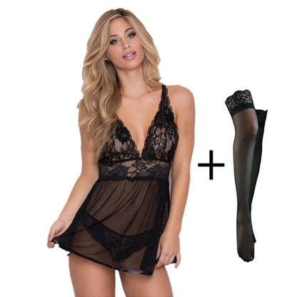 Sexy Women Lingerie Lace Night Dress Sleepwear Nightgown Deep See Through Sexy Sheer Sleep Dress Sleep Wear Lingerie