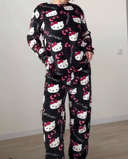 Winter Hello Kitty Pajamas Set Flannel Pants Kawaii Cartoon Pajama Suit Warm Thickened Woman Pants Plush Homewear Cute Sleepwear