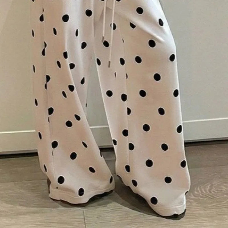 OCEANLOVE Wide Leg Trousers Polka Dot Spring Summer Korean Fashion Woman Pants High Waist Drawstring Pantalones Mujer