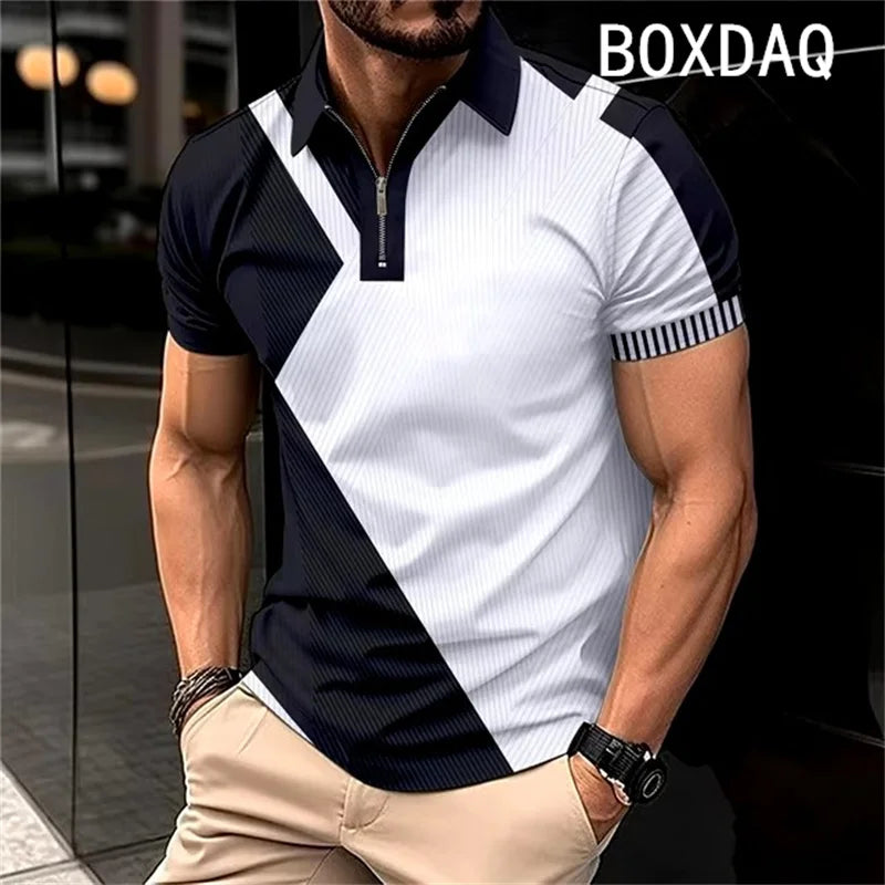 Men's Summer Short Sleeve Lapel Zipper Collar Polo Shirt Fashion Minimalist Casual Polo Shirt 3D Color Splicing Polo Shirt Tops