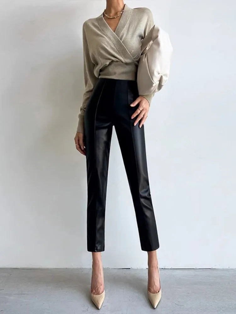 PU Autumn Winter Leather Pencil Pant Women Bodycon Fashion Office High Waist Ladies Trousers Casual Woman Pants