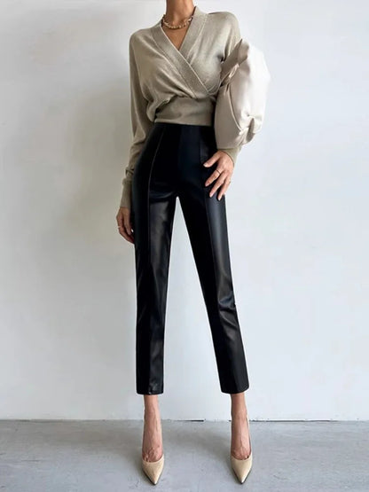 PU Autumn Winter Leather Pencil Pant Women Bodycon Fashion Office High Waist Ladies Trousers Casual Woman Pants