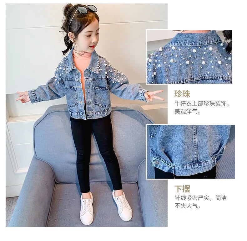 Spring Pearl Embellishment Teenage Girls Denim Coat Children Fashion Windbreaker Kids Birthday Present Outerwear for 3-12 Years
