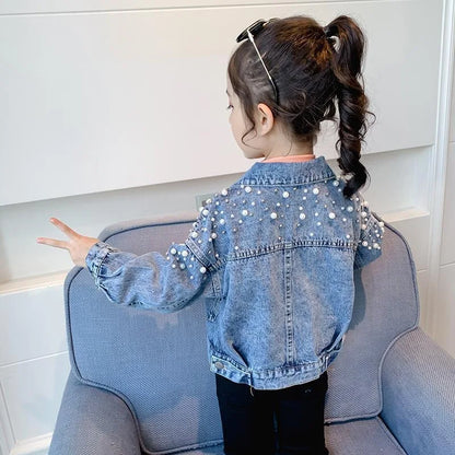 Spring Pearl Embellishment Teenage Girls Denim Coat Children Fashion Windbreaker Kids Birthday Present Outerwear for 3-12 Years