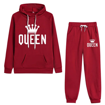Queen Printed Womens Tracksuit Warm Casual Hooded Sweatshirt 2 Pcs Set Sports Jogging Woman Pants Set Daily Office Home Clothing