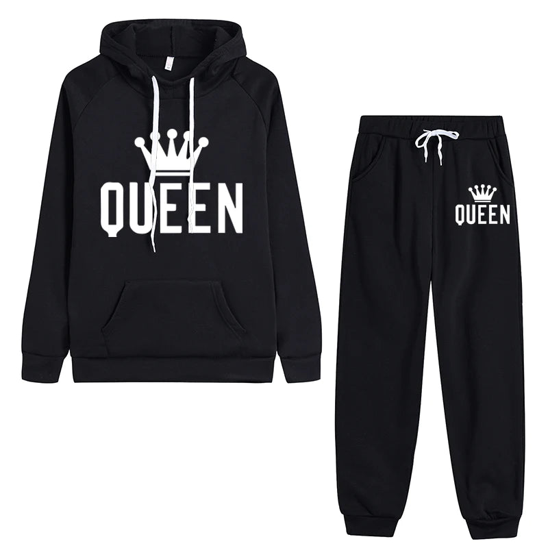 Queen Printed Womens Tracksuit Warm Casual Hooded Sweatshirt 2 Pcs Set Sports Jogging Woman Pants Set Daily Office Home Clothing