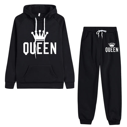 Queen Printed Womens Tracksuit Warm Casual Hooded Sweatshirt 2 Pcs Set Sports Jogging Woman Pants Set Daily Office Home Clothing