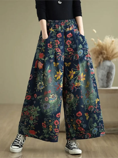 Flower Floral Print Autumn Wide Leg Pant Women Loose Pleated Fashion Ladies Oversized Trousers Elastic Waist Woman Pants