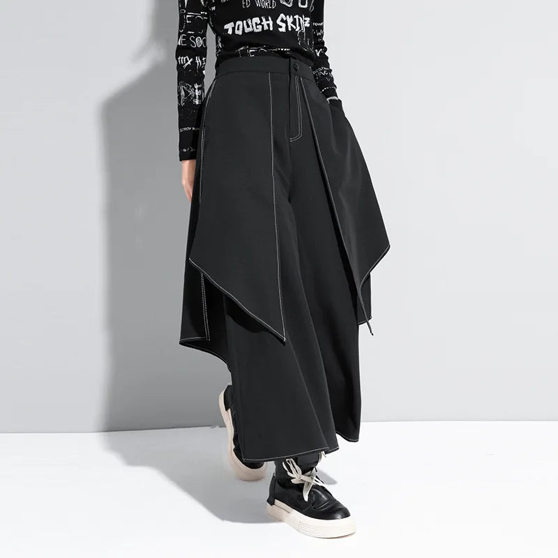 Korean Woman Pants New 2025 Black Loose False Two-piece Wide Legs Pants Ladies Casual Streetwear Hurajuku Trousers  Ladies