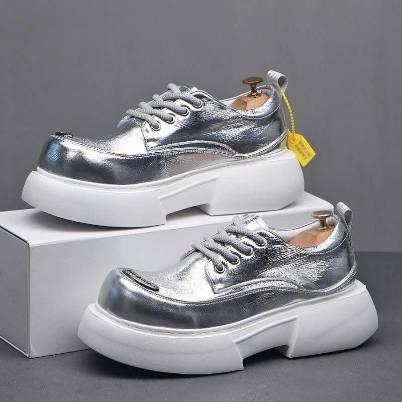 Luxury Silvery Man Shoes Platform Heightening Fashion Leather Shoes for Man Wear-resistant Lightweight Sneakers Shoes Men