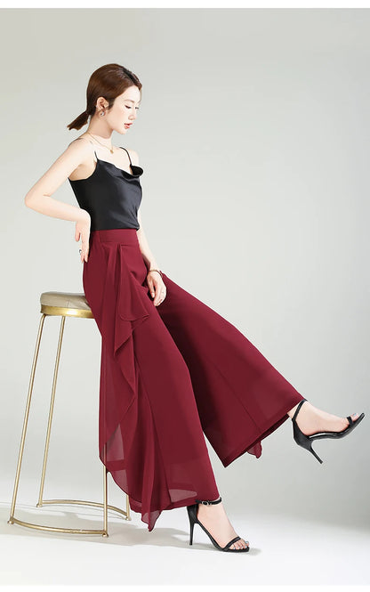 ZUZK Summer Ruffles Chiffion Pants Elastic Waist White Pants Women Fashion Lady Dance Pants baggy pants Wide Leg Pants