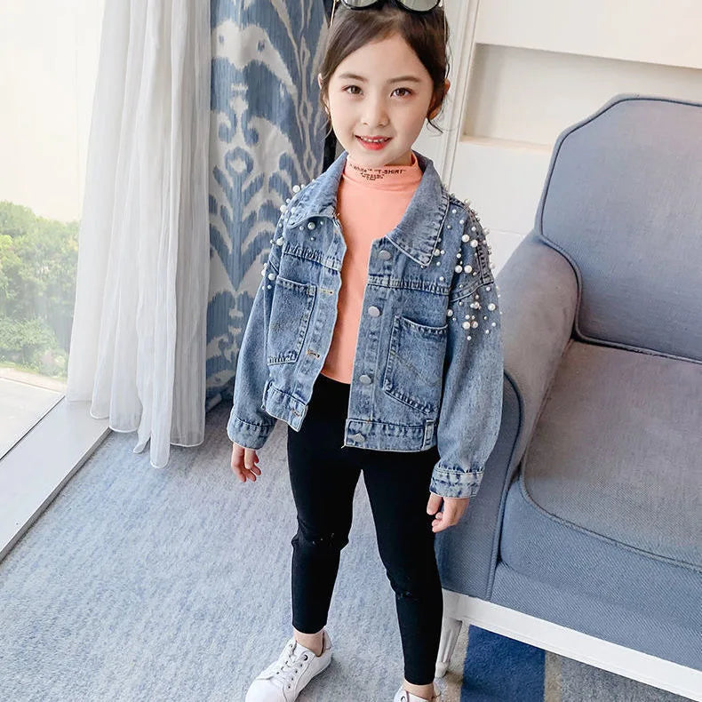 Spring Pearl Embellishment Teenage Girls Denim Coat Children Fashion Windbreaker Kids Birthday Present Outerwear for 3-12 Years