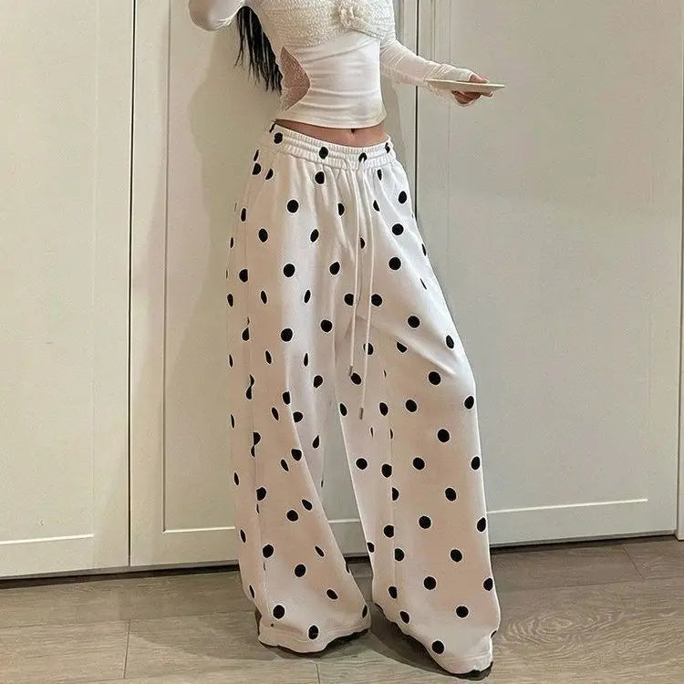 OCEANLOVE Wide Leg Trousers Polka Dot Spring Summer Korean Fashion Woman Pants High Waist Drawstring Pantalones Mujer