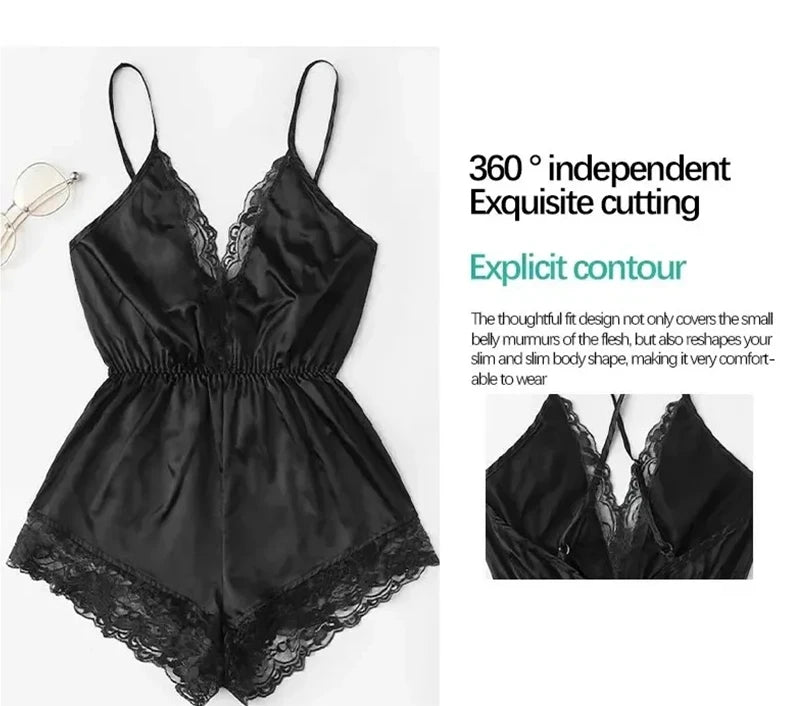 Summer New Sexy Fashion Women Lace Splice Trim Backless Bow Shorts V-Neck Bodysuit Women Sleep Wear Set