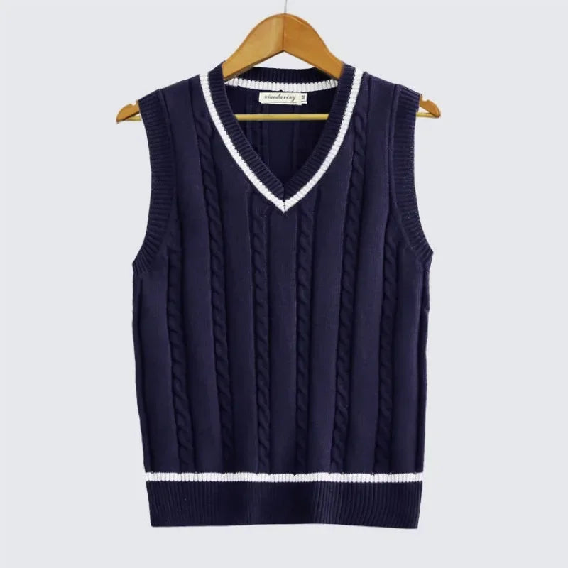 Striped White Knitted Sweaters for Men Blue Sleeveless Man Clothes V Neck Vest Red Waistcoat Jumpers Sweat-shirt Cigaret Cotton