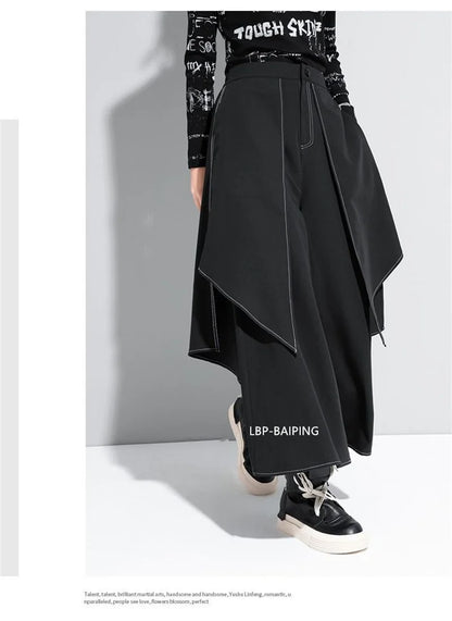 Korean Woman Pants New 2025 Black Loose False Two-piece Wide Legs Pants Ladies Casual Streetwear Hurajuku Trousers  Ladies