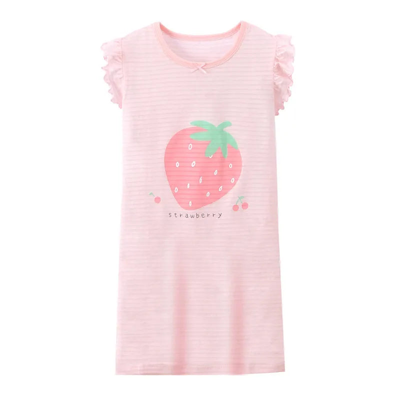 Girl Strawberry Prints Nightgown Dress Cotton Soft Breathable Kids Sleep Wear Quality Home Wear Size 110-170