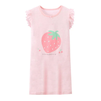 Girl Strawberry Prints Nightgown Dress Cotton Soft Breathable Kids Sleep Wear Quality Home Wear Size 110-170