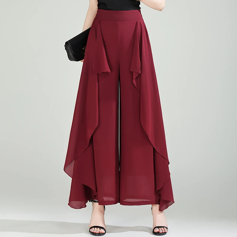 ZUZK Summer Ruffles Chiffion Pants Elastic Waist White Pants Women Fashion Lady Dance Pants baggy pants Wide Leg Pants