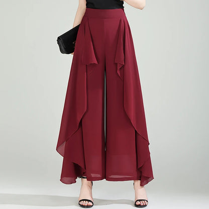 ZUZK Summer Ruffles Chiffion Pants Elastic Waist White Pants Women Fashion Lady Dance Pants baggy pants Wide Leg Pants