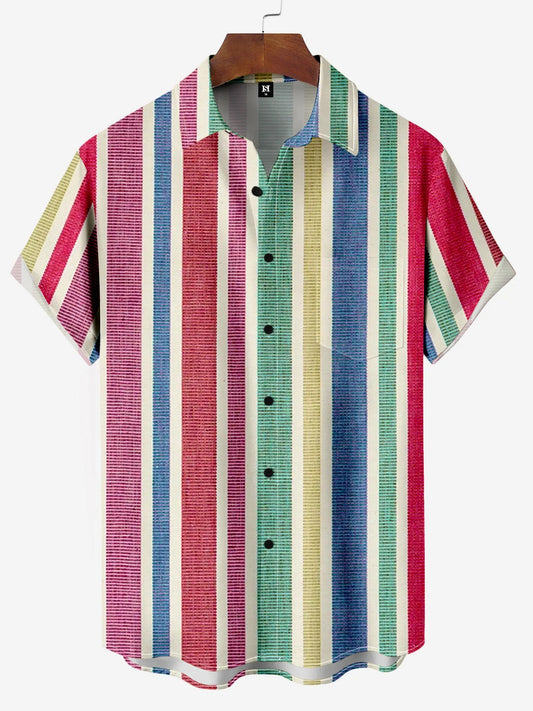 Men's Shirt Short Sleeve Colorful Stripe Print Button Shirt Summer Beach Shirt Camping Shirt Short Sleeve Men's Formal Shirt