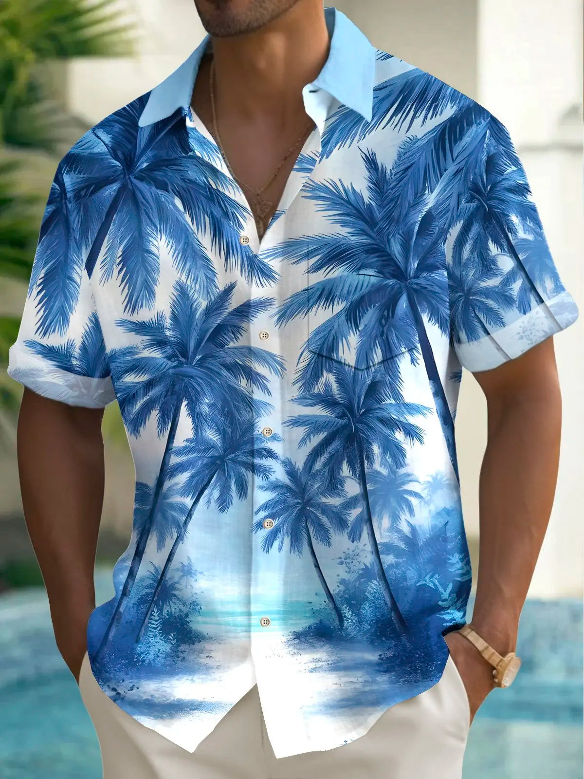 Men's Shirt Short Sleeve Hawaiian Blue Palm Tree Print Button Shirt Summer Beach Shirt Camping Shirt Men's Short Sleeve Shirt