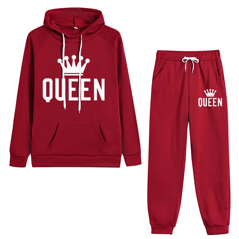 Queen Printed Womens Tracksuit Warm Casual Hooded Sweatshirt 2 Pcs Set Sports Jogging Woman Pants Set Daily Office Home Clothing