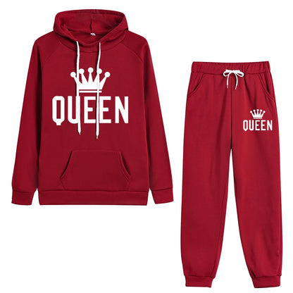 Queen Printed Womens Tracksuit Warm Casual Hooded Sweatshirt 2 Pcs Set Sports Jogging Woman Pants Set Daily Office Home Clothing