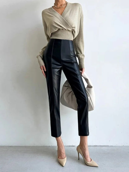 PU Autumn Winter Leather Pencil Pant Women Bodycon Fashion Office High Waist Ladies Trousers Casual Woman Pants