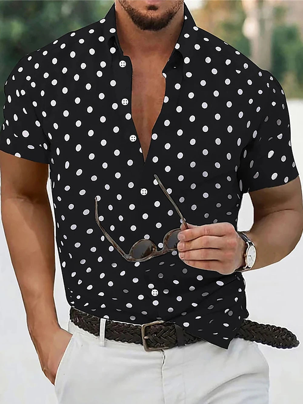 Men's Shirt Button Down Shirt Casual Shirt Summer Shirt Beach Shirt Black White Red White Green Short Sleeve Polka Dot Lapel Pri
