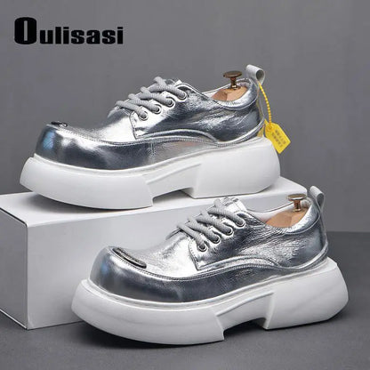 Luxury Silvery Man Shoes Platform Heightening Fashion Leather Shoes for Man Wear-resistant Lightweight Sneakers Shoes Men