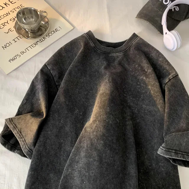 Men Vintage Washed T Shirt Streetwear Hip Hop Tops Casual Cotton Short Sleeve Tee Punk Harajuku Loose Fit T-Shirt For Men Women