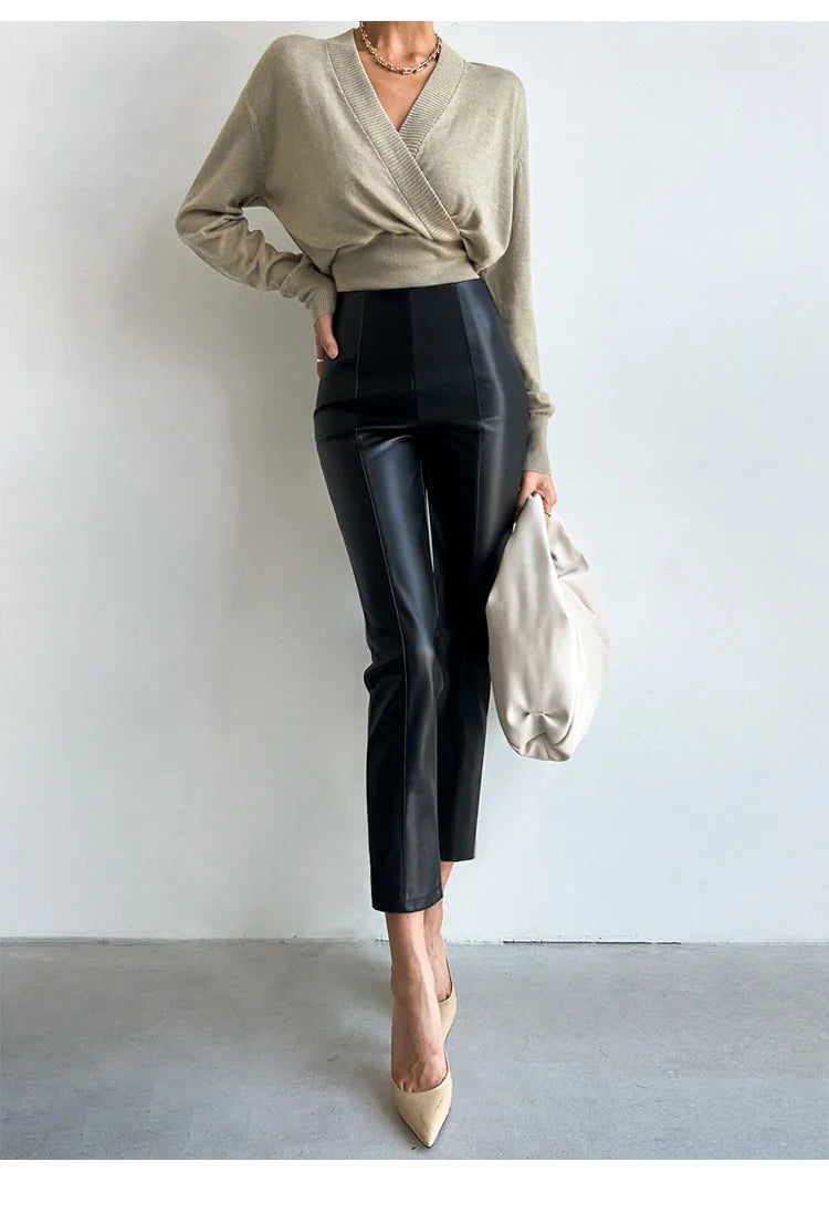 PU Autumn Winter Leather Pencil Pant Women Bodycon Fashion Office High Waist Ladies Trousers Casual Woman Pants